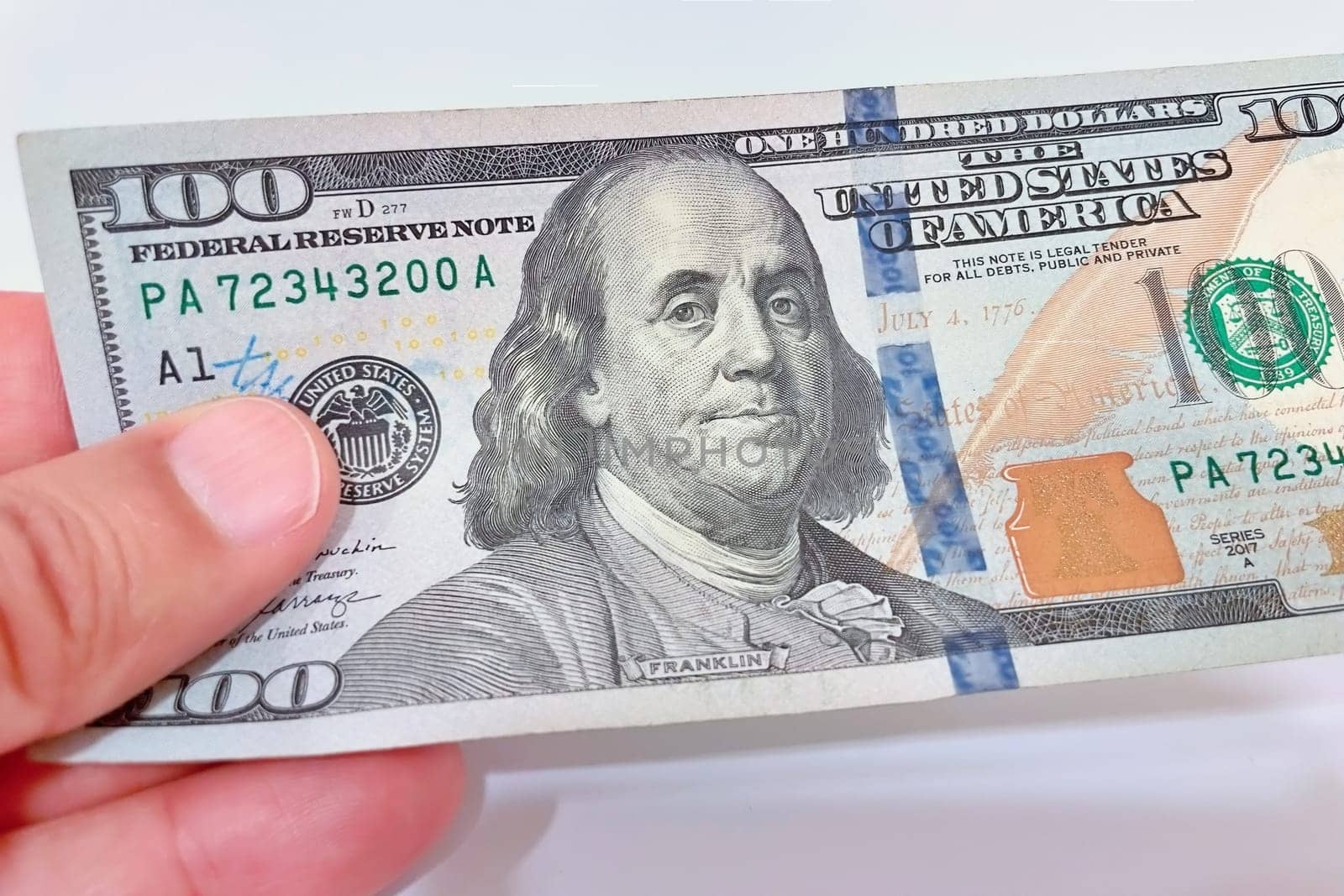 A Fan of $100 Bills.A close-up photo of a fan of $100 US dollar bills. The bills are arranged neatly, with the portrait of Benjamin Franklin visible on each bill. The background is white.Finance ve economy concept.