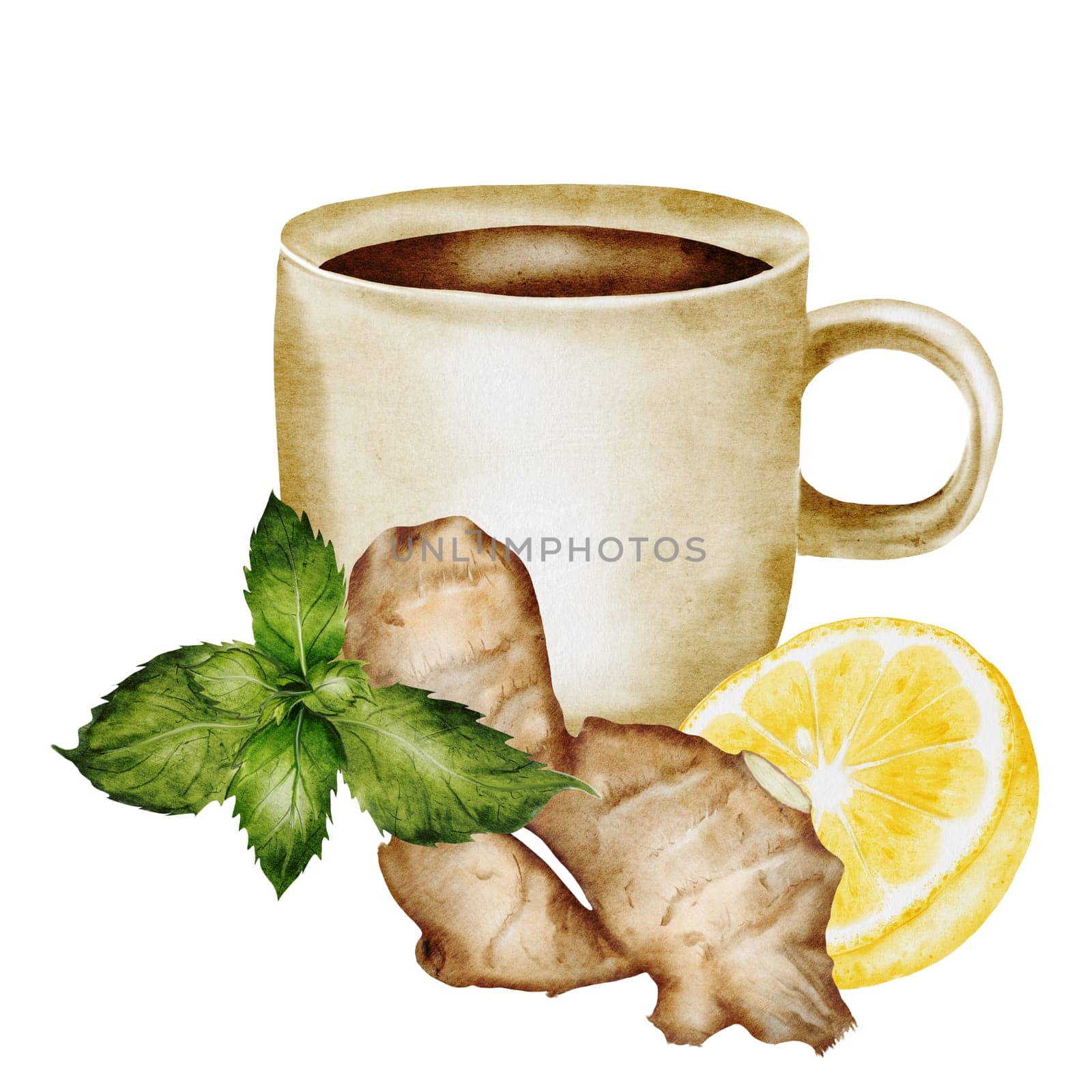 Cup of tea watercolor. Herbal tea with lemon slices and mint leaves. Hand drawn beige mug with hot citrus drink on isolated white background. Ideal for logo and packaging of medicinal tea. Homeopathic composition. High quality illustration