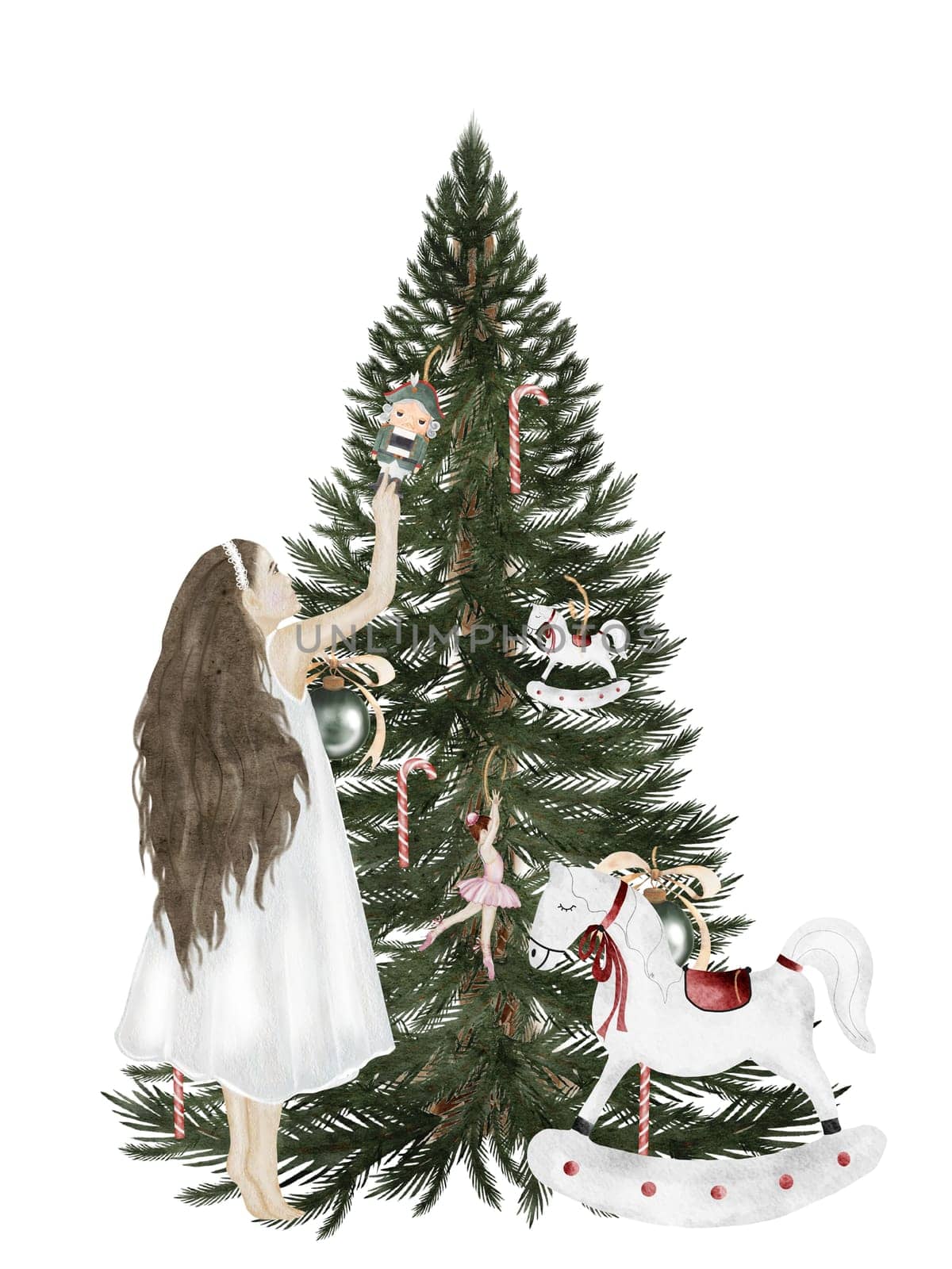 Girl decorates Christmas tree watercolor. Hand drawn vintage postcard for Christmas and New Year. Evergreen plant with retro toys nutcracker, horse, ballerina. Clipart isolated festive on white background. Perfect picture for bright holidays. High quality illustration