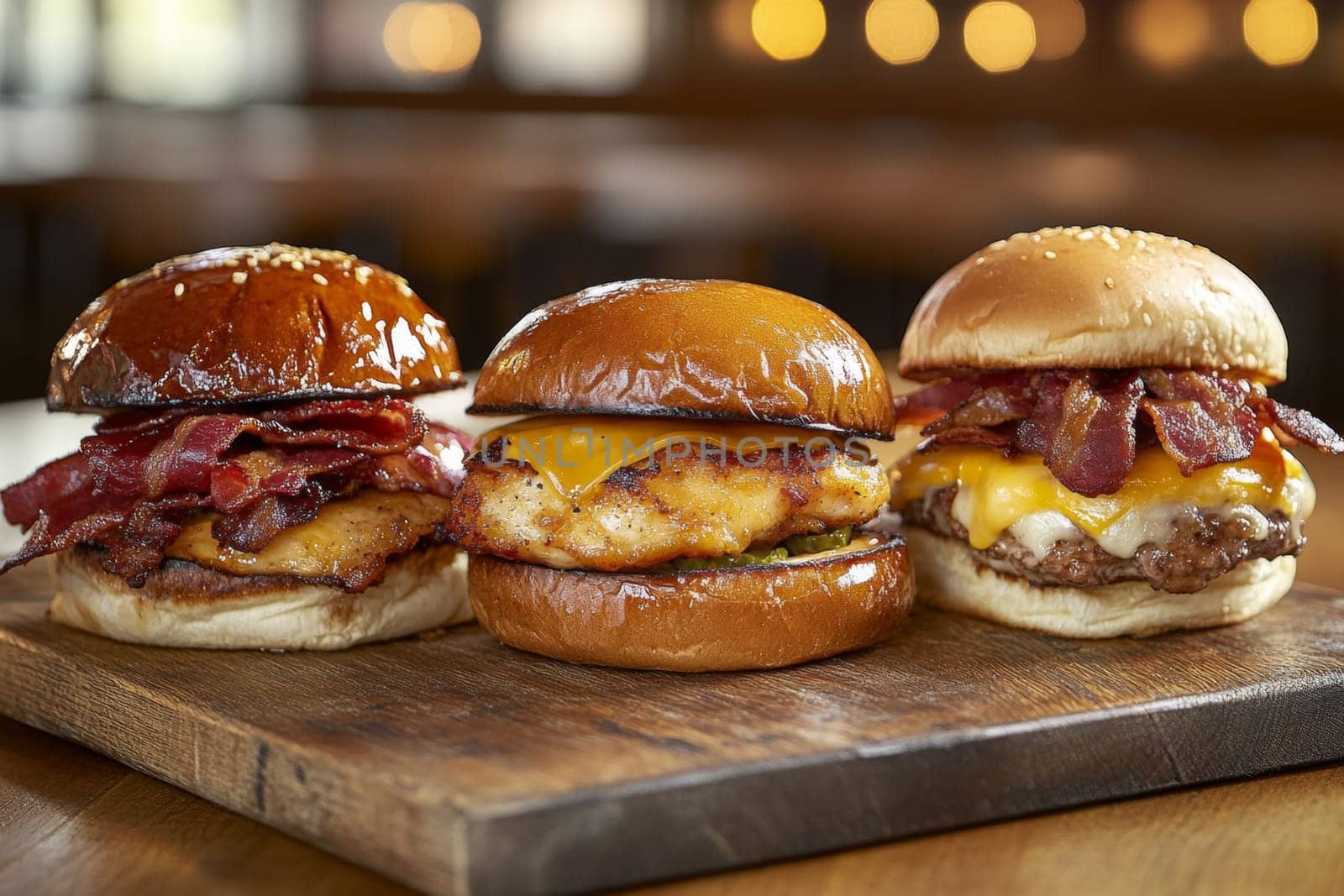Three juicy tasty hamburgers lie on a wooden table in a bar or cafe. High quality photo