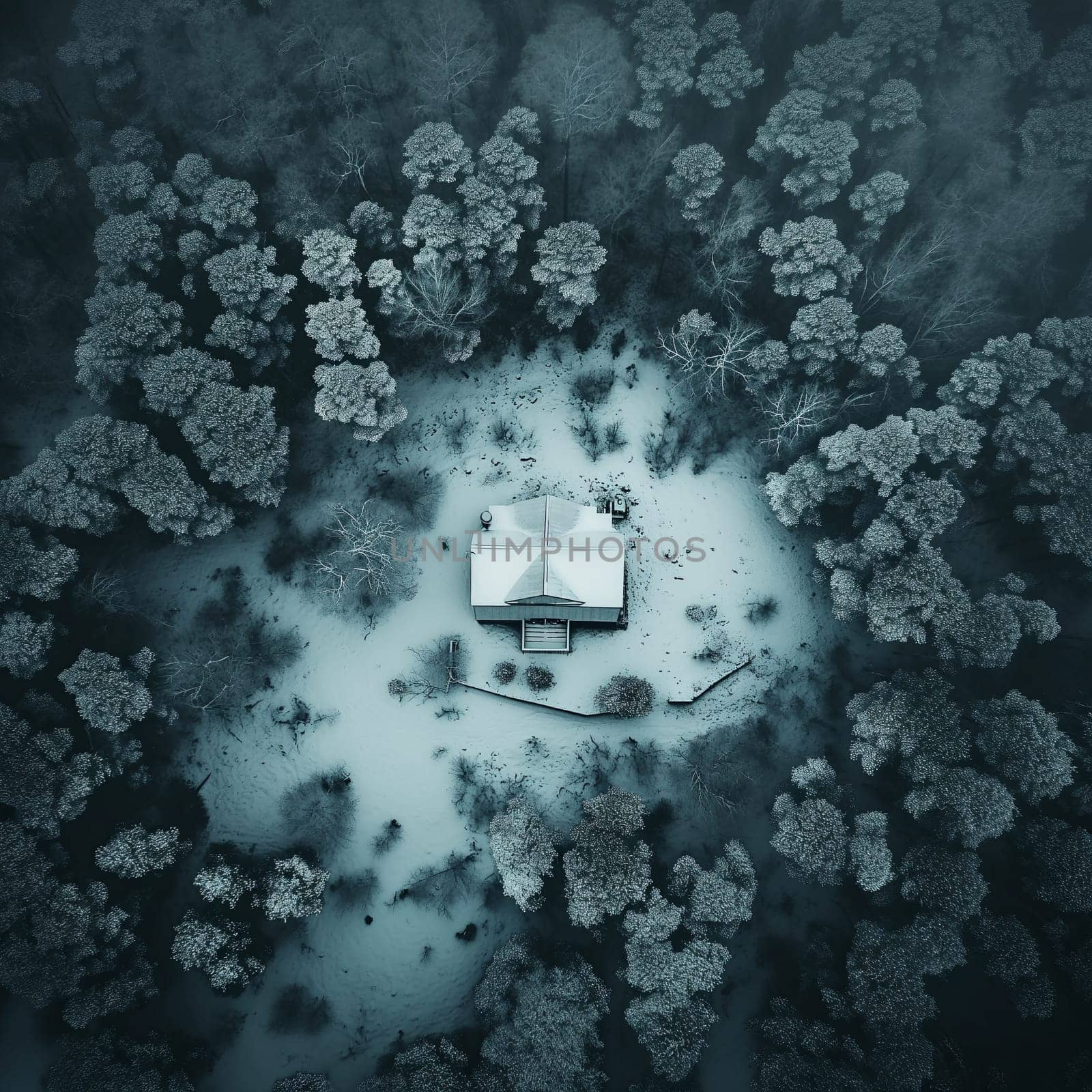 Photo from a drone or helicopter of a house in the middle of a winter forest. High quality photo