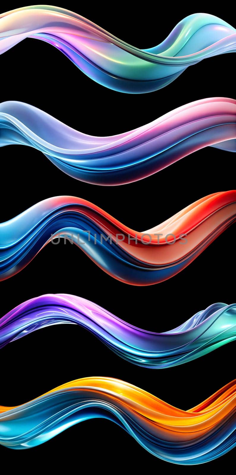 Fluid, colorful waves intertwine elegantly, creating a mesmerizing display of hues like blue, purple, red, and orange against a dark backdrop, enhancing visual appeal.