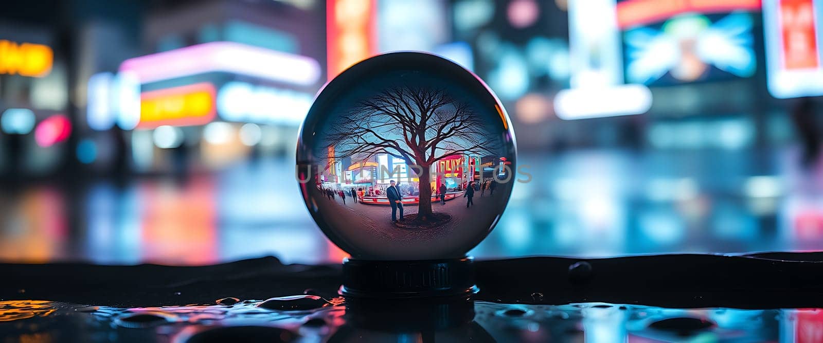 A crystal ball sits on a wet surface, reflecting a city street bathed in the glow of neon lights. The vibrant colors of the cityscape are captured within the orb, creating a mesmerizing illusion of a miniature world. The blurred background adds depth and mystery to the scene, inviting the viewer to explore the hidden depths of the city.
