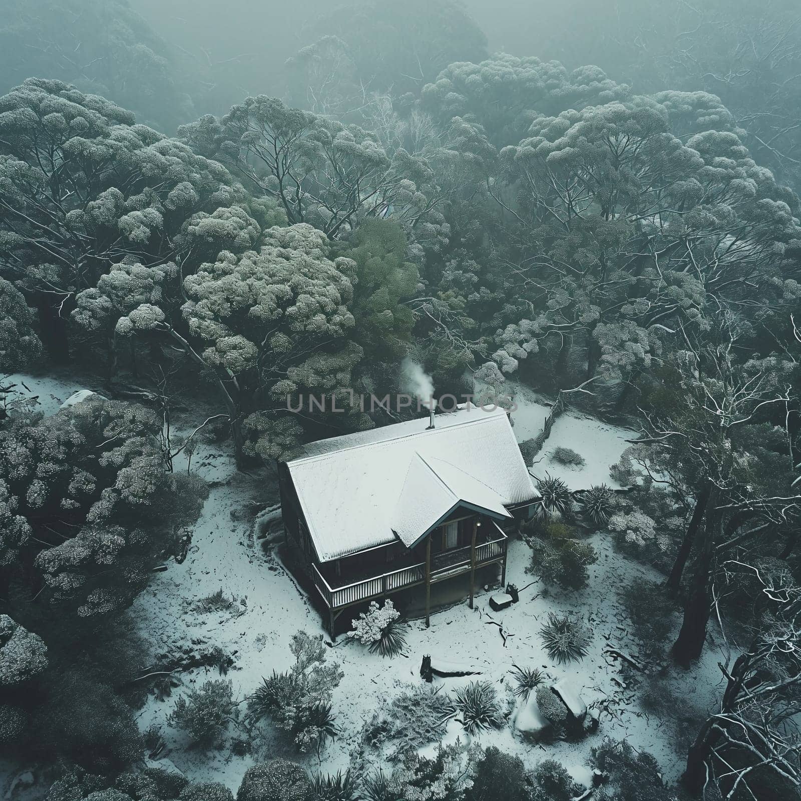Photo from a drone or helicopter of a house in the middle of a winter forest. High quality photo