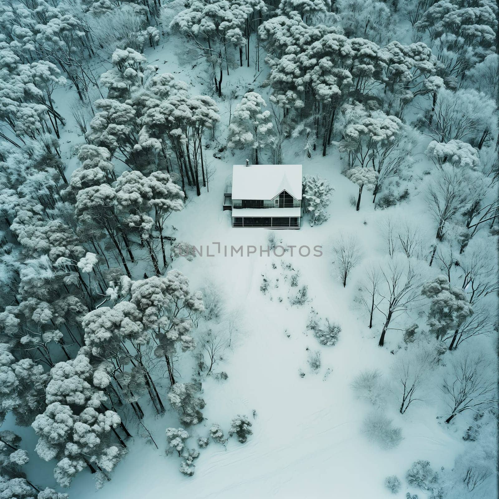 Photo from a drone or helicopter of a house in the middle of a winter forest. High quality photo