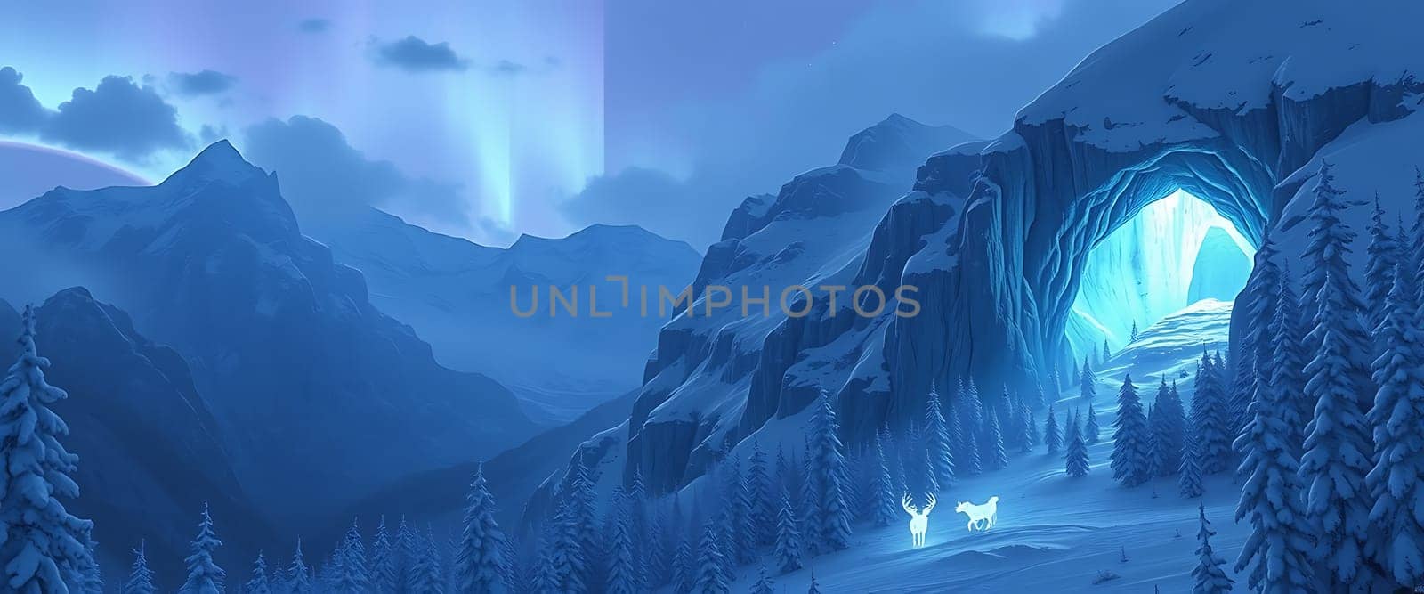 The icy landscape is shrouded in a soft blue glow, with a majestic mountain range in the distance. A mysterious cave, bathed in an ethereal light, beckons the viewer deeper into the winter wonderland. A solitary white stag stands amidst the snowy pines, its presence adding a sense of wonder and tranquility to the scene.