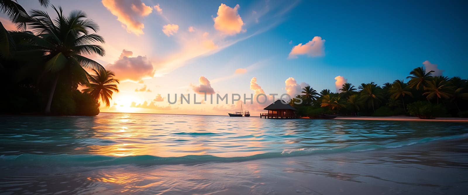 A serene sunset paints the sky in vibrant hues of orange and pink, casting a warm glow on the crystal-clear turquoise water. Silhouettes of palm trees line the pristine beach, creating a picturesque tropical paradise. The gentle waves lap against the shore, offering a soothing soundtrack to this idyllic scene.