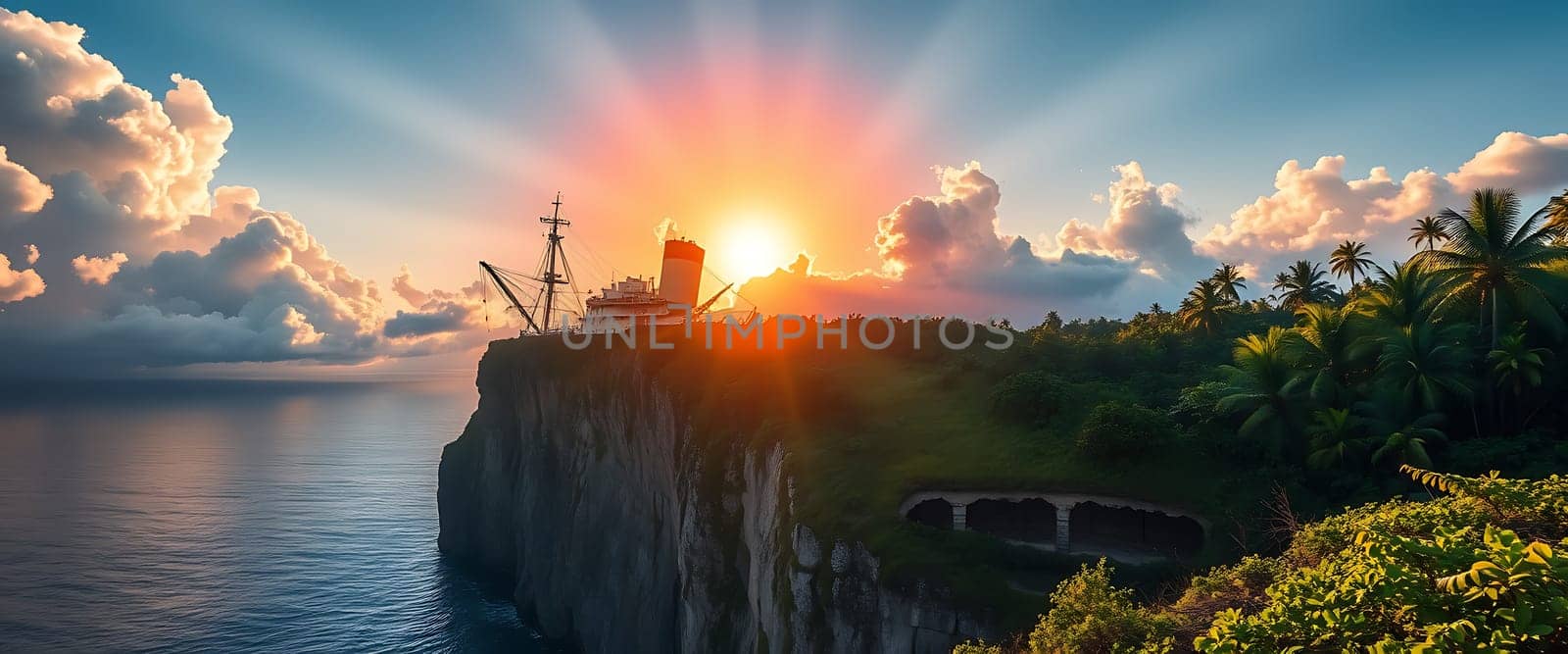 A majestic ship, half-submerged on a cliff overlooking a serene sea, basks in the golden glow of a breathtaking sunrise. The vibrant sky, painted with streaks of light, mirrors the tranquility of the ocean, creating a captivating and ethereal scene. Lush greenery and towering palm trees frame the ship, adding a tropical touch to the dramatic landscape.