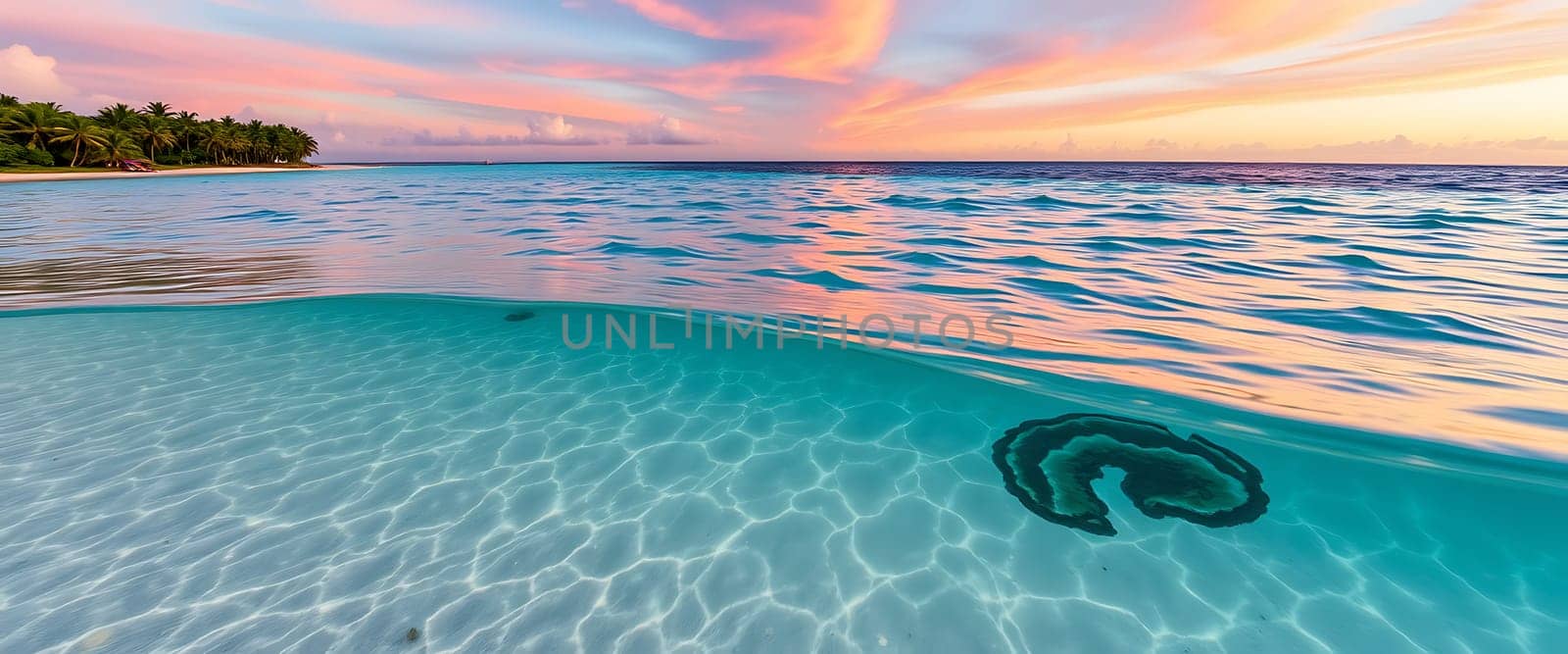 The tranquil scene reveals the underwater world through a split-level perspective. Sunbeams dance on the sandy bottom, illuminating the crystal-clear water, while the surface shimmers with a gentle wave motion. The captivating blend of turquoise and pink hues paints a picture of paradise, evoking a sense of serenity and wonder.