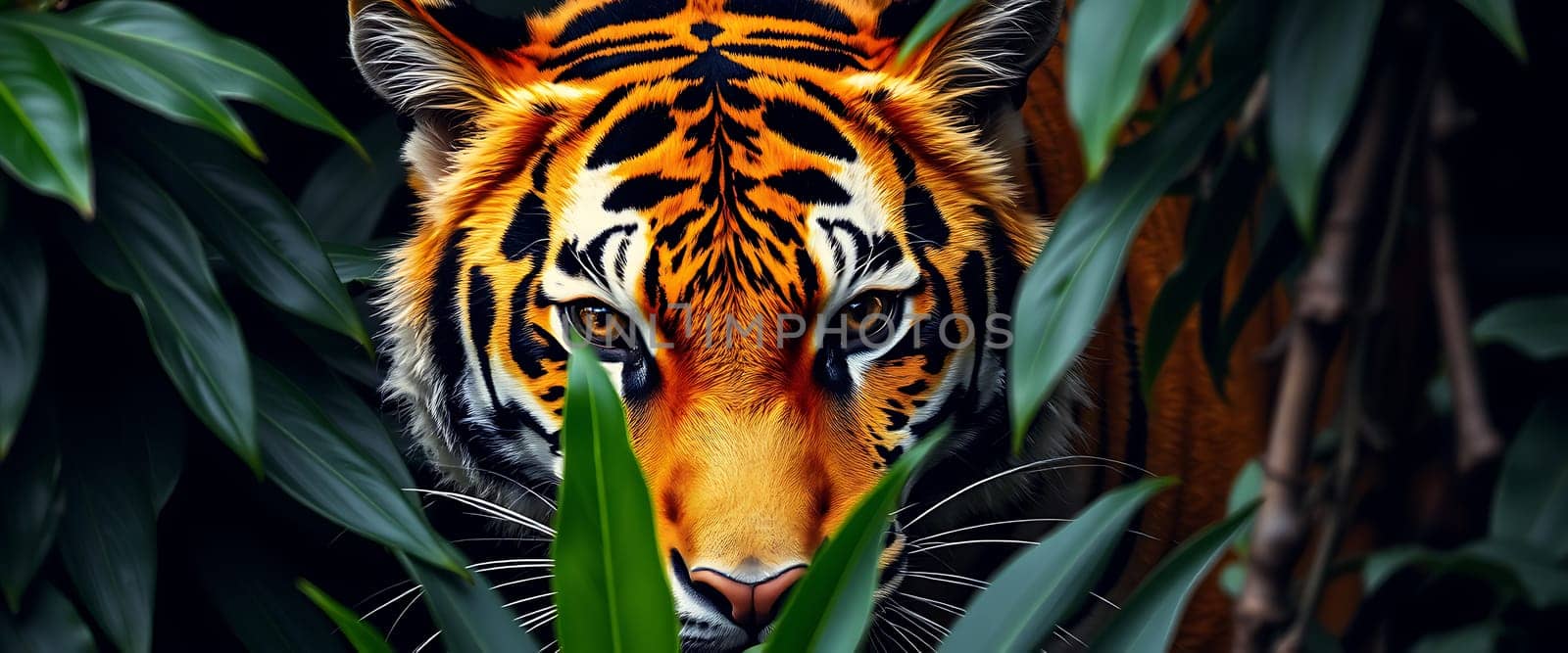 A majestic tiger peeks through a curtain of lush green foliage, its piercing golden eyes and striking black stripes creating a sense of intrigue and mystery. The vibrant colors of the tiger's fur are contrasted by the deep greens and shadows of the jungle, hinting at the hidden beauty and power lurking within.