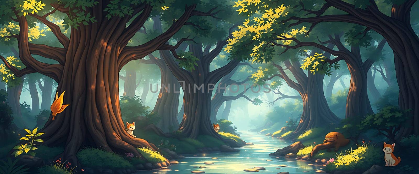 A mystical forest scene unfolds, bursting with vibrant hues of green and yellow. A shimmering river, meandering through the heart of the woods, reflects the soft light filtering through the canopy. The playful presence of four cats, perched on mossy rocks and nestled in the base of ancient trees, adds a touch of whimsical charm to this serene setting.