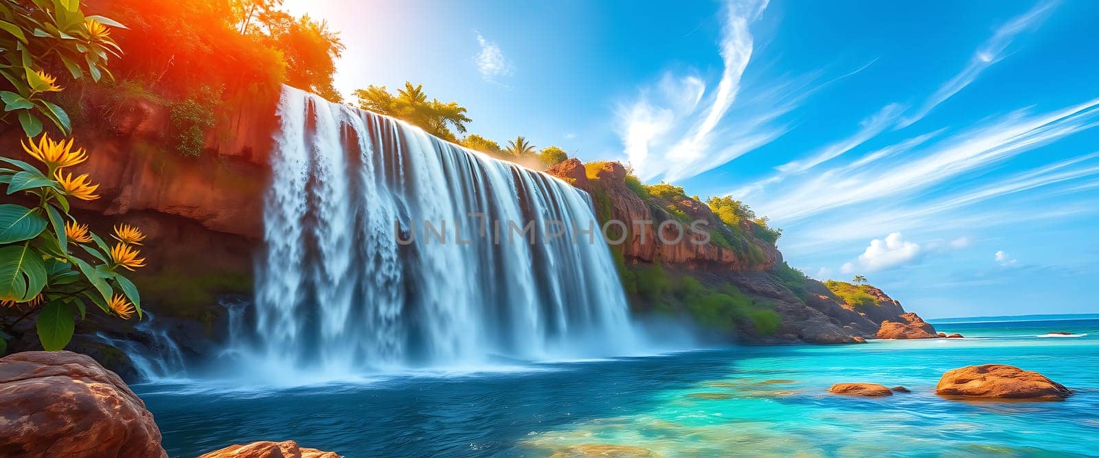 A majestic waterfall cascades down a red cliff, its milky white water creating a dreamy, ethereal effect. The water pools into a turquoise lagoon, surrounded by smooth, rust-colored rocks, under a sky painted with wispy white clouds and bathed in the golden glow of the setting sun.