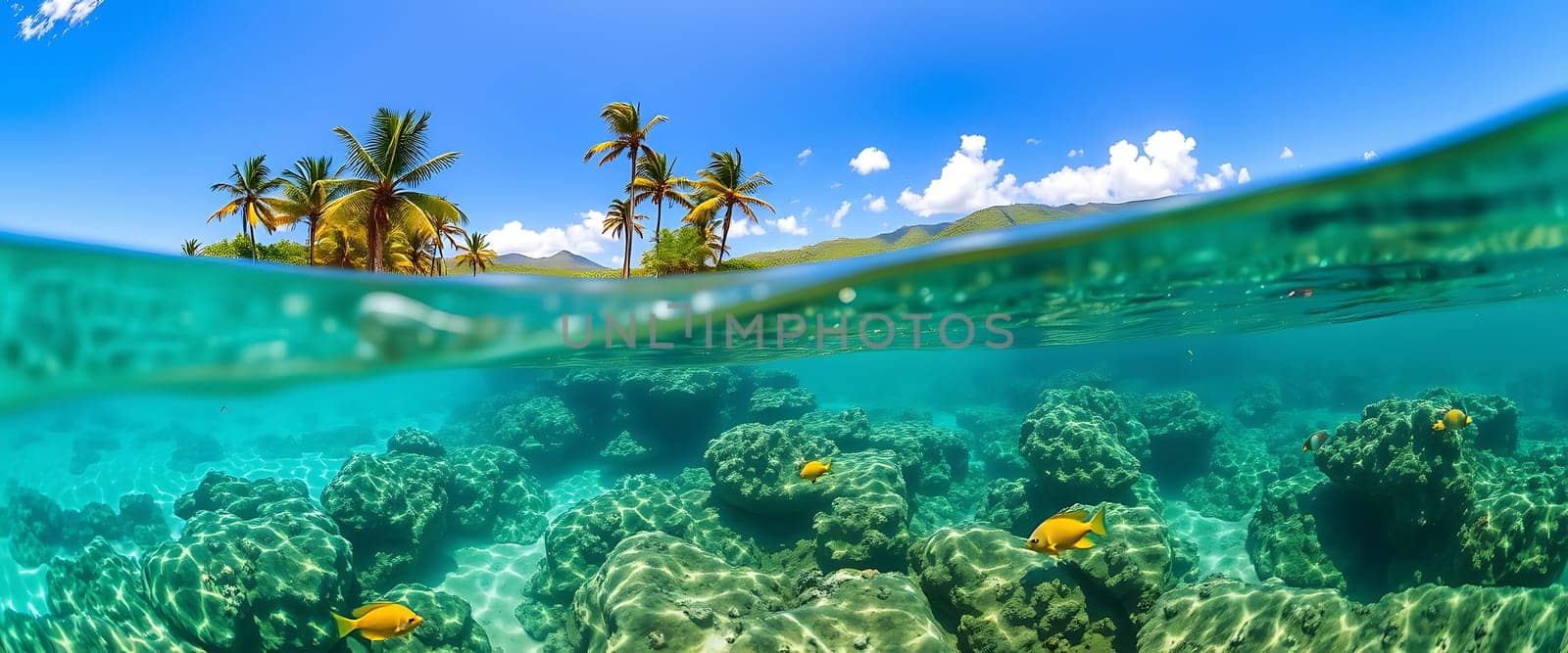 A serene tropical paradise unfolds, where the crystal-clear turquoise waters meet a vibrant shore lined with swaying palm trees. The scene is bisected by a shimmering wave, revealing a captivating underwater world teeming with vibrant yellow fish darting amongst the coral formations. Sunlight dances through the water, creating a magical play of light and shadow, inviting viewers to escape into this idyllic haven.