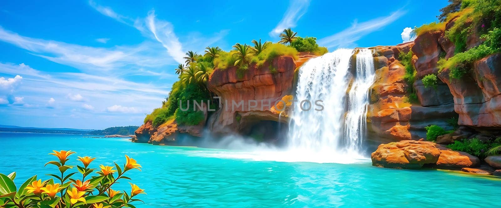 A breathtaking cascade of crystal-clear water plunges into an azure lagoon, creating a mesmerizing scene of tranquility and beauty. Lush foliage adorns the cliffs surrounding the waterfall, framing the idyllic vista with vibrant greens and yellows, while a bright sky stretches overhead, hinting at a warm and sunny day. The scene evokes a sense of serenity and invites the viewer to escape into this captivating paradise.