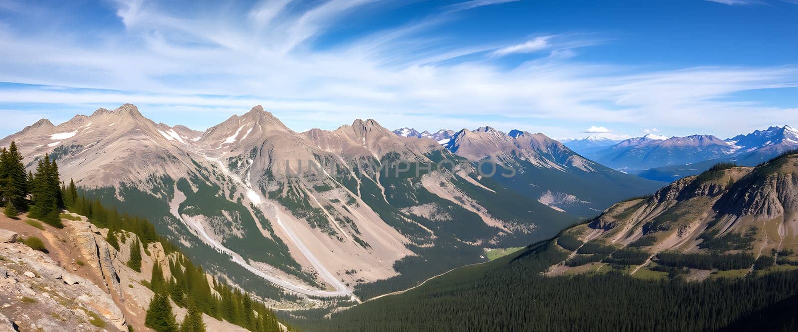 A majestic mountain range stretches out before the viewer, with rugged peaks and valleys clothed in a tapestry of evergreen forests. The sky, a brilliant blue canvas, is adorned with wispy white clouds, adding a touch of serenity to the scene. The sheer scale and breathtaking beauty of the landscape invite a sense of awe and inspire a yearning for adventure.