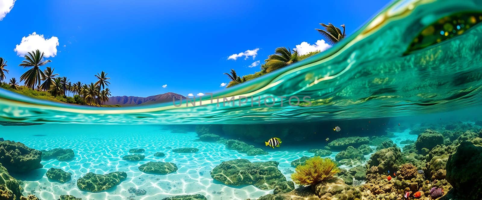 The scene captures a serene underwater paradise with vibrant turquoise water. The viewer's perspective is split between the surface with lush palm trees and a captivating view of the ocean floor. The sunbeams create a mesmerizing dance of light as they penetrate the crystal-clear water, illuminating the vibrant coral reefs teeming with colorful fish.