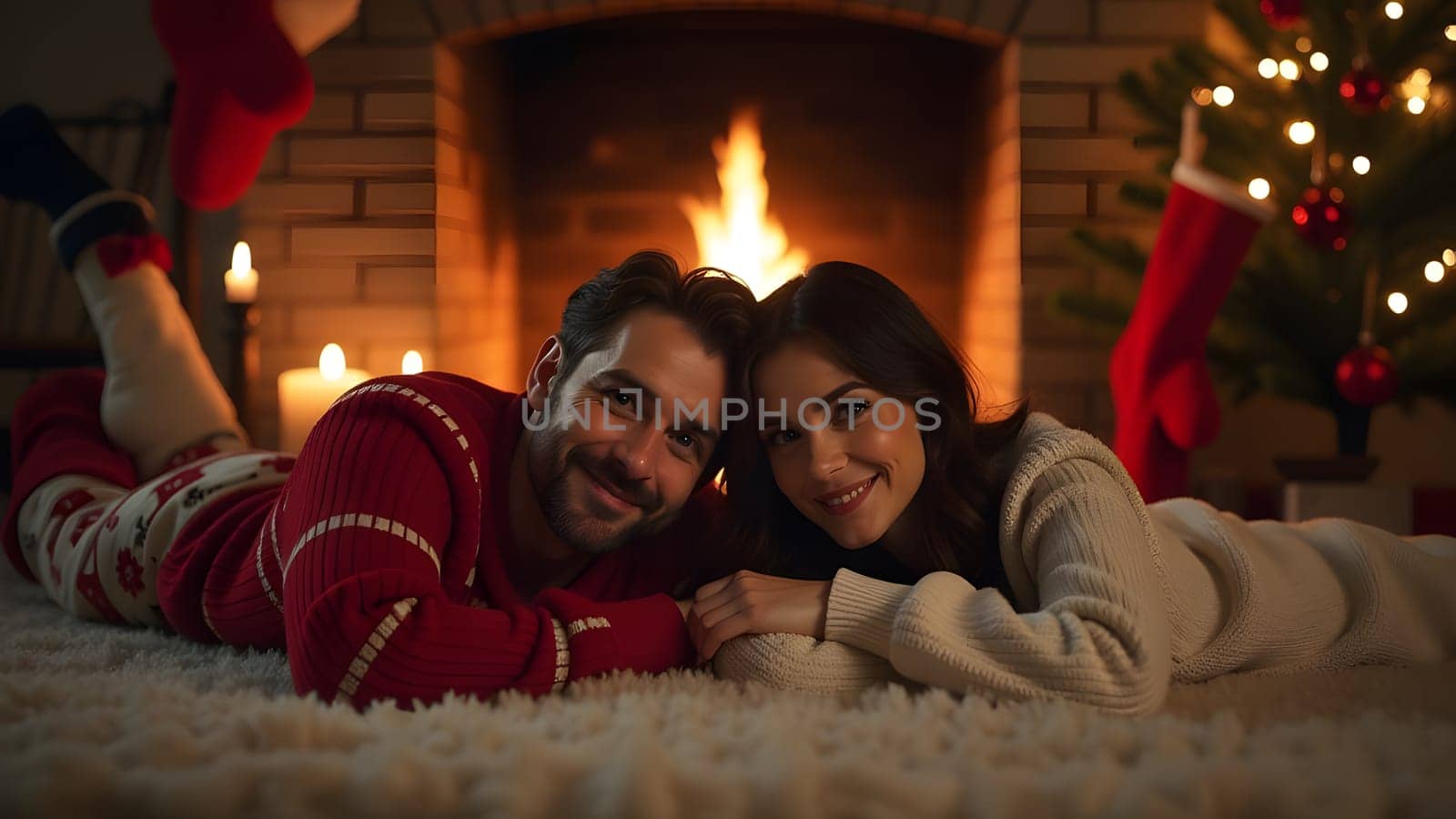 A festive fireplace decorated with candles, stockings, and garlands of pine sets a cozy scene. On the plush rug in front, a couple in comfortable pajamas relaxes, soaking in the warmth of the season