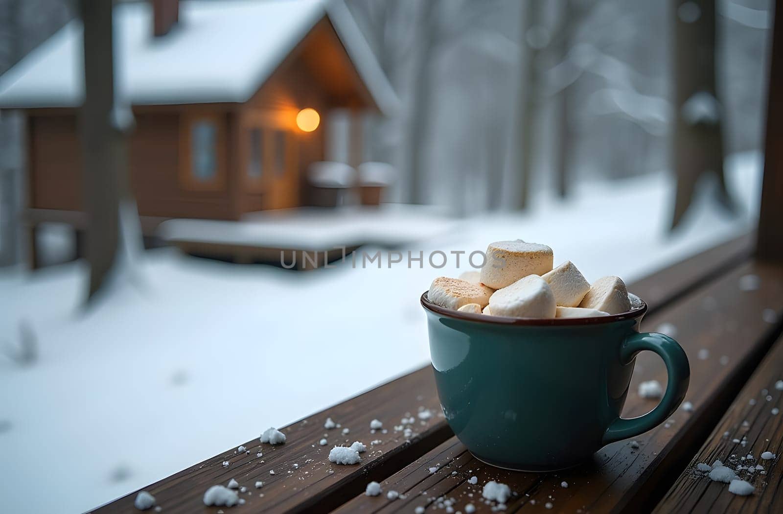 On a rustic wooden terrace of a country house, a warm mug of hot chocolate adorned with melted marshmallows sits amidst the snowy landscape. Nearby, snowdrifts and trees add to the serene winter atmosphere