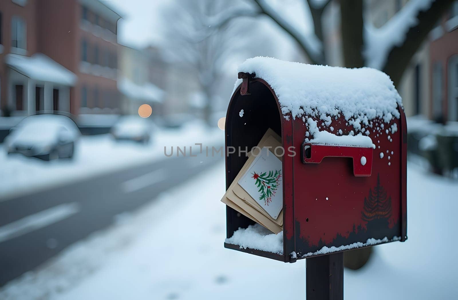 A snow-covered mailbox filled with Christmas cards and letters stands on a quiet winter street. The peaceful scene captures the essence of the holiday season, with snow gently blanketing everything around