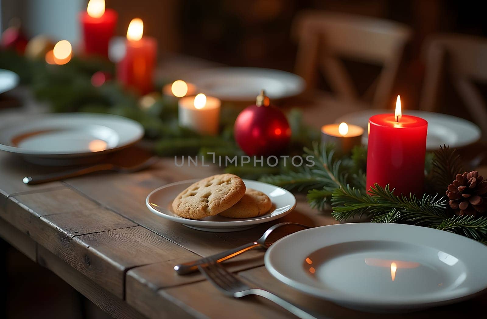 The warm and inviting holiday table features decorated pine branches and flickering red candles, creating a charming atmosphere. In the middle, an array of Christmas cookies and pies adds to the festive spirit