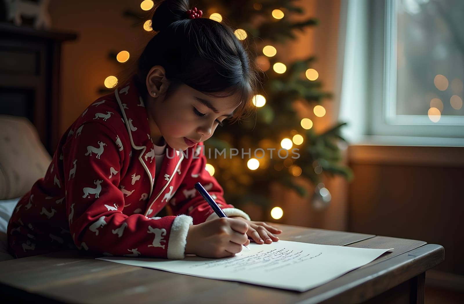 An Indian child reclines comfortably, thoughtfully writing a letter to Santa Claus, filled with heartfelt wishes for Christmas. The cozy setting is adorned with festive decorations, creating a warm and cheerful atmosphere