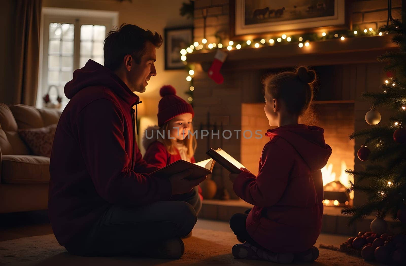 Gathered around a roaring fire, a family in cozy attire sings festive Christmas songs together. The warmth of the flames and the joyful expressions on their faces capture the spirit of the holiday season