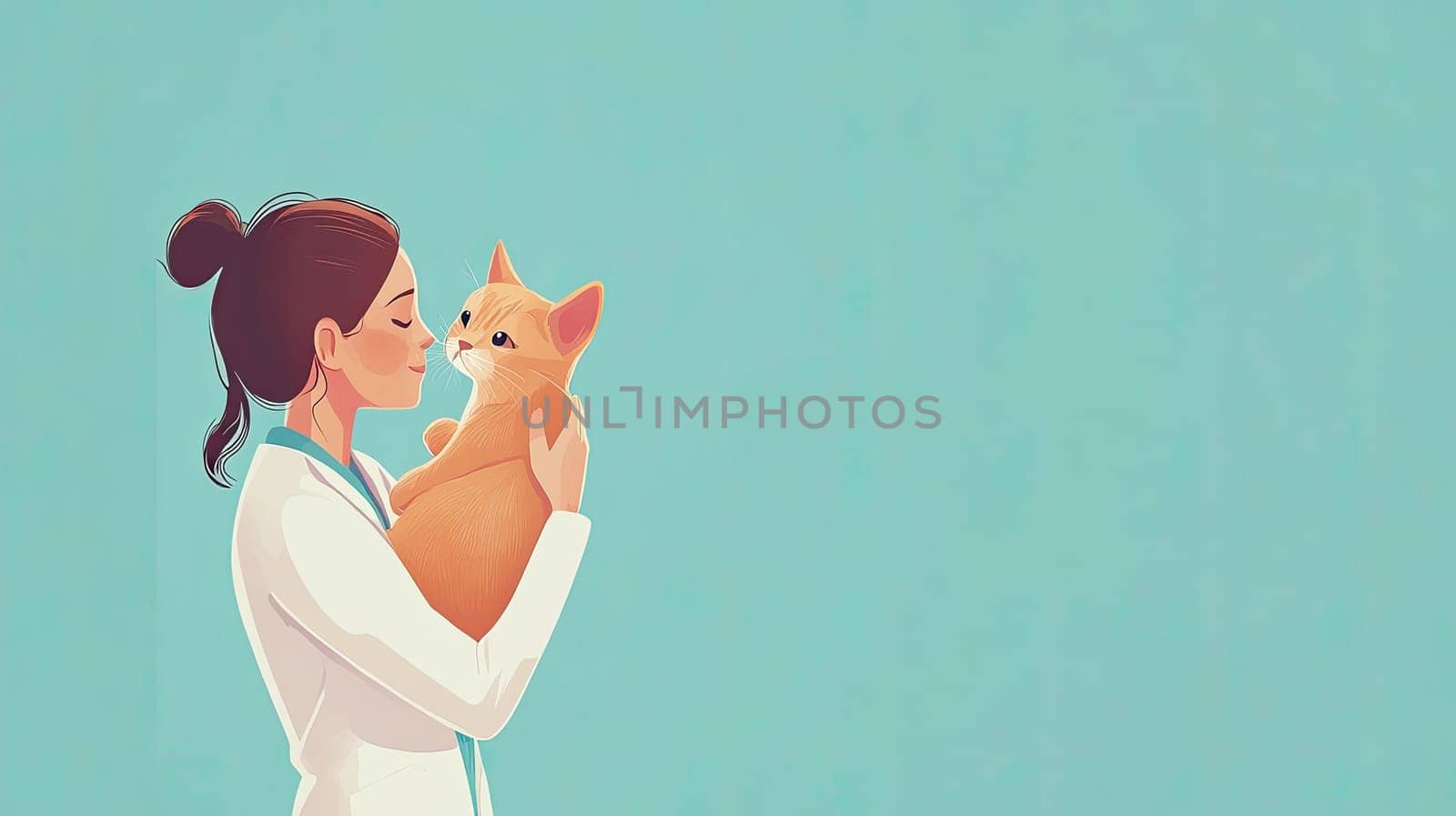 A veterinarian holds a cat close, sharing a tender moment in a tranquil clinic. The space is bright and inviting, reinforcing the bond between caregiver and pet.