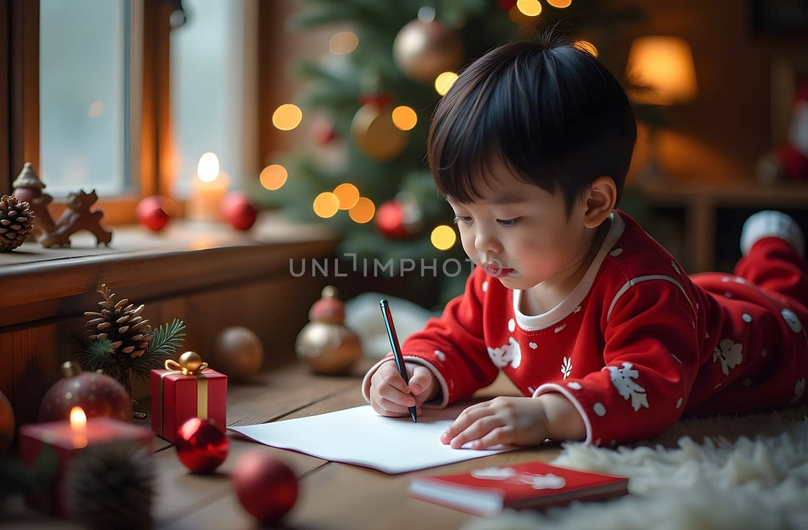 A Chinese child focused and excited, writing a heartfelt letter to Santa Claus, expressing wishes and dreams for Christmas. The scene is filled with colorful holiday decorations, creating a cozy festive atmosphere.