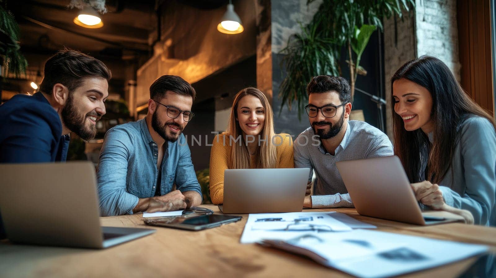 A group of young professionals engages in a brainstorming session, sharing ideas and working together at a wooden table in a well-lit, modern office environment.