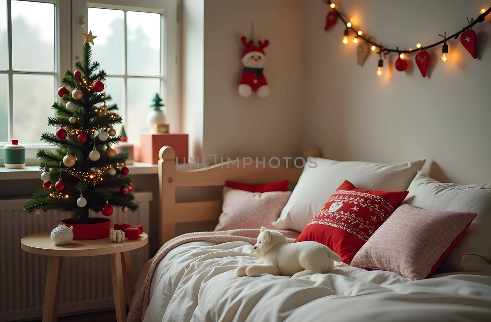 A quaint children's room features a tiny Christmas tree, beautifully decorated with bright ornaments and garlands on a little table. The bed is filled with cuddly stuffed animals and cheerful holiday pillows, enhancing the cozy vibe