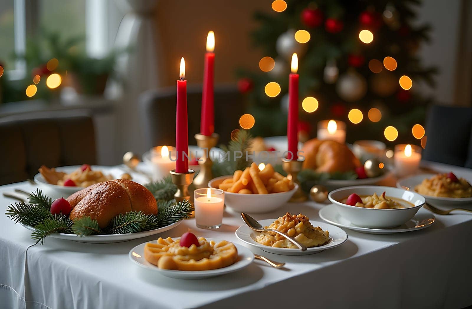 This elegant dining table is draped in a snow-white tablecloth and decorated with sparkling gold and red candles, alongside fresh Christmas branches. The spread of mouthwatering dishes promises a delightful holiday celebration