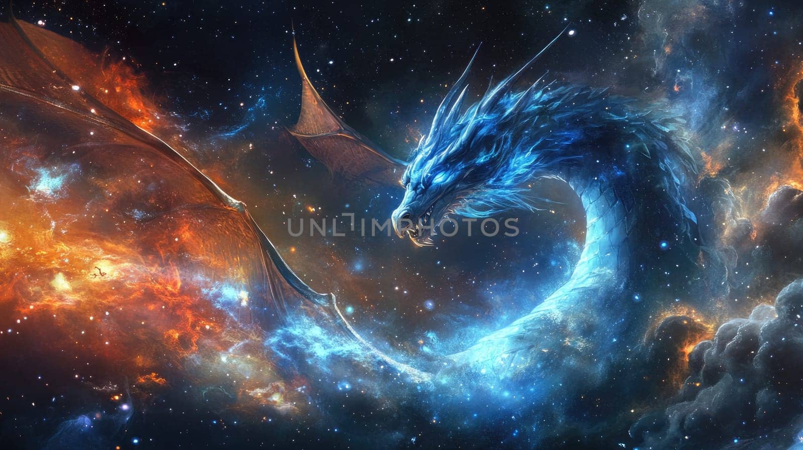 A majestic blue dragon soars through a vivid cosmic expanse, surrounded by swirling clouds of gas and dazzling stars, creating a magical atmosphere full of mystery and wonder in the galaxy.