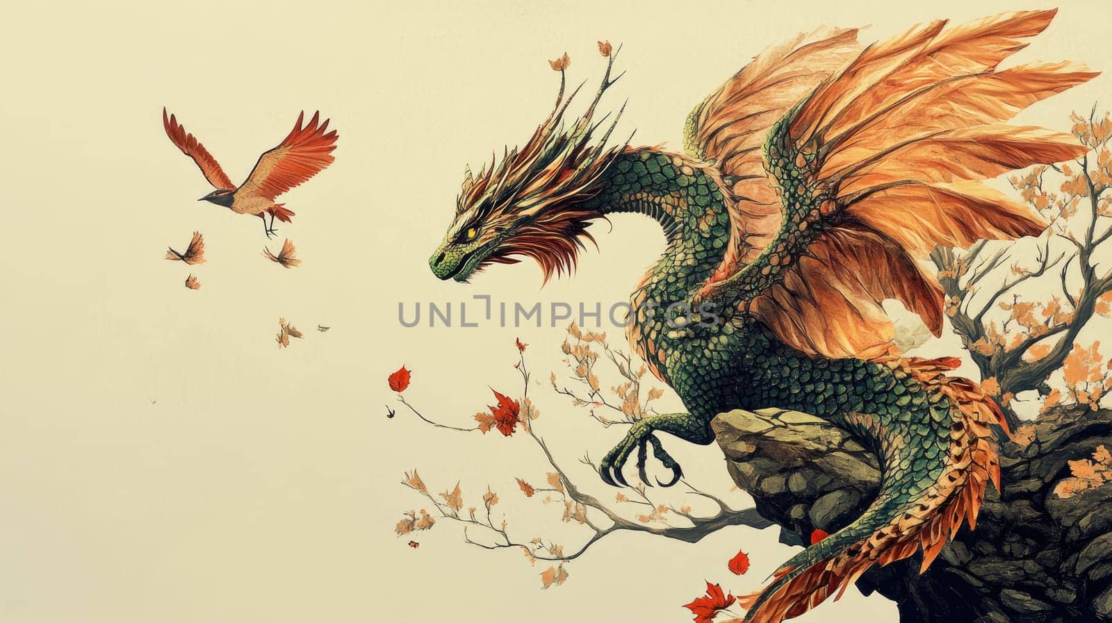 A striking green dragon with intricate scales perches on a rocky ledge, surrounded by vibrant autumn leaves. Birds flutter nearby, creating a magical scene filled with imagination.