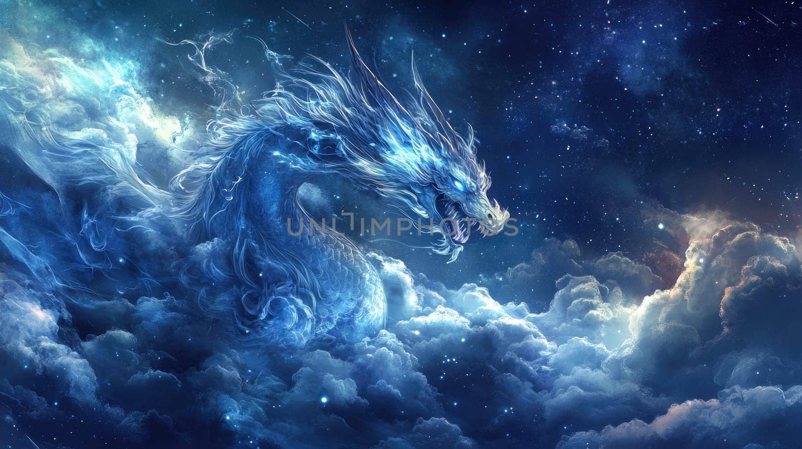 A majestic blue dragon, its fierce expression illuminated by ethereal light, emerges from swirling clouds under a star-filled night sky. The scene conveys a sense of wonder and magic.