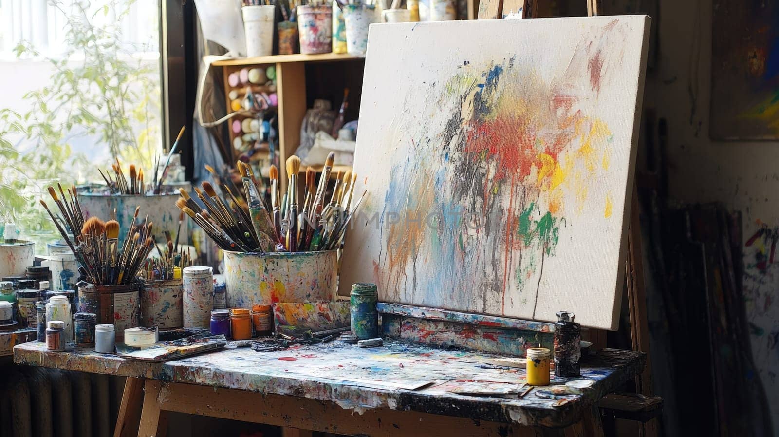 The workspace features a large canvas covered in vibrant colors, surrounded by various paintbrushes and jars. The sunlight streams in, illuminating the creative clutter.