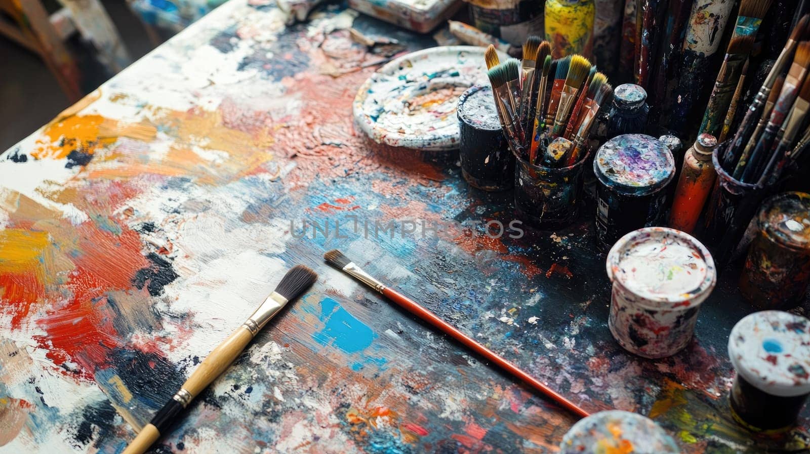 The workspace bursts with color as paint splatters across the table. Brushes in jars stand ready for use, showcasing an artist's creative environment during a lively afternoon.
