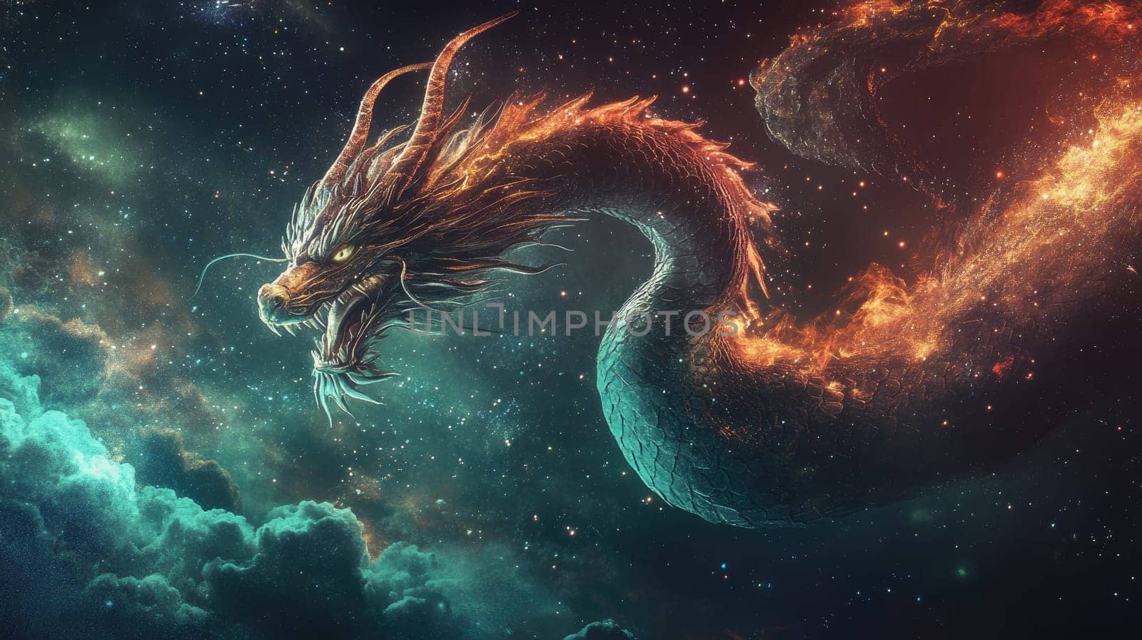 The powerful dragon coils gracefully amid colorful cosmic clouds, its fiery mane illuminating the vastness of space, showcasing the beauty of interstellar fantasy.