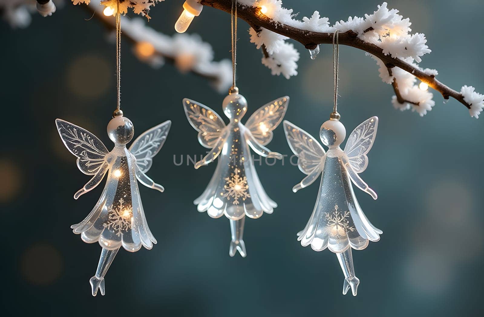 Elegant glass angel figurines hang from a Christmas tree branch illuminated by gentle white lights and adorned with sparkling snowflakes. The scene exudes a sense of serenity and holiday magic