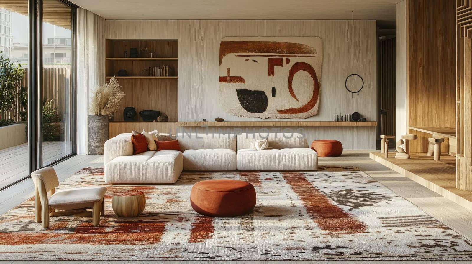 A contemporary living room featuring a large white sofa, vibrant orange accents, and abstract artwork. The space is bright and airy, showcasing a cozy atmosphere with stylish furnishings.