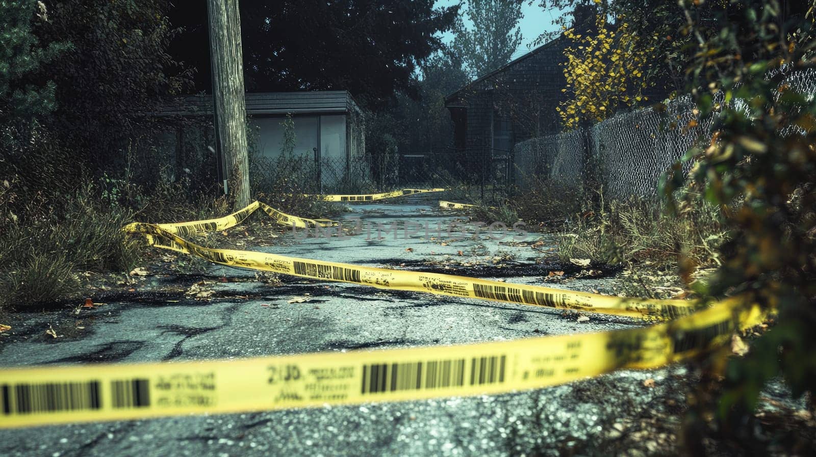 A narrow, cracked pathway is surrounded by tall grass and weeds, marked by bright yellow police tape. Nearby, dilapidated buildings loom under a cloudy sky, evoking a sense of abandonment.