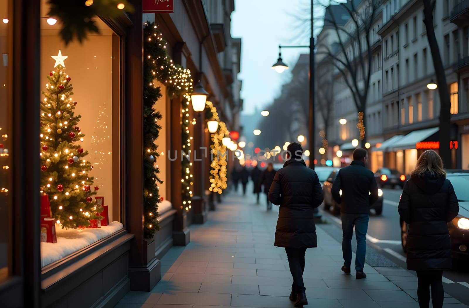 A lively urban street is filled with holiday cheer as shop windows glow with garlands, ornaments, and twinkling Christmas trees. Smiling passersby bask in the festive ambiance surrounding them