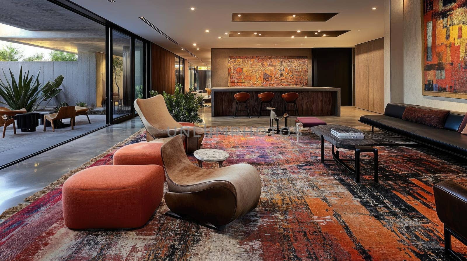 A stylish living room features a colorful rug, sleek furniture, and large windows letting in warm sunset light. The space combines comfort with artistic flair, creating a welcoming atmosphere.