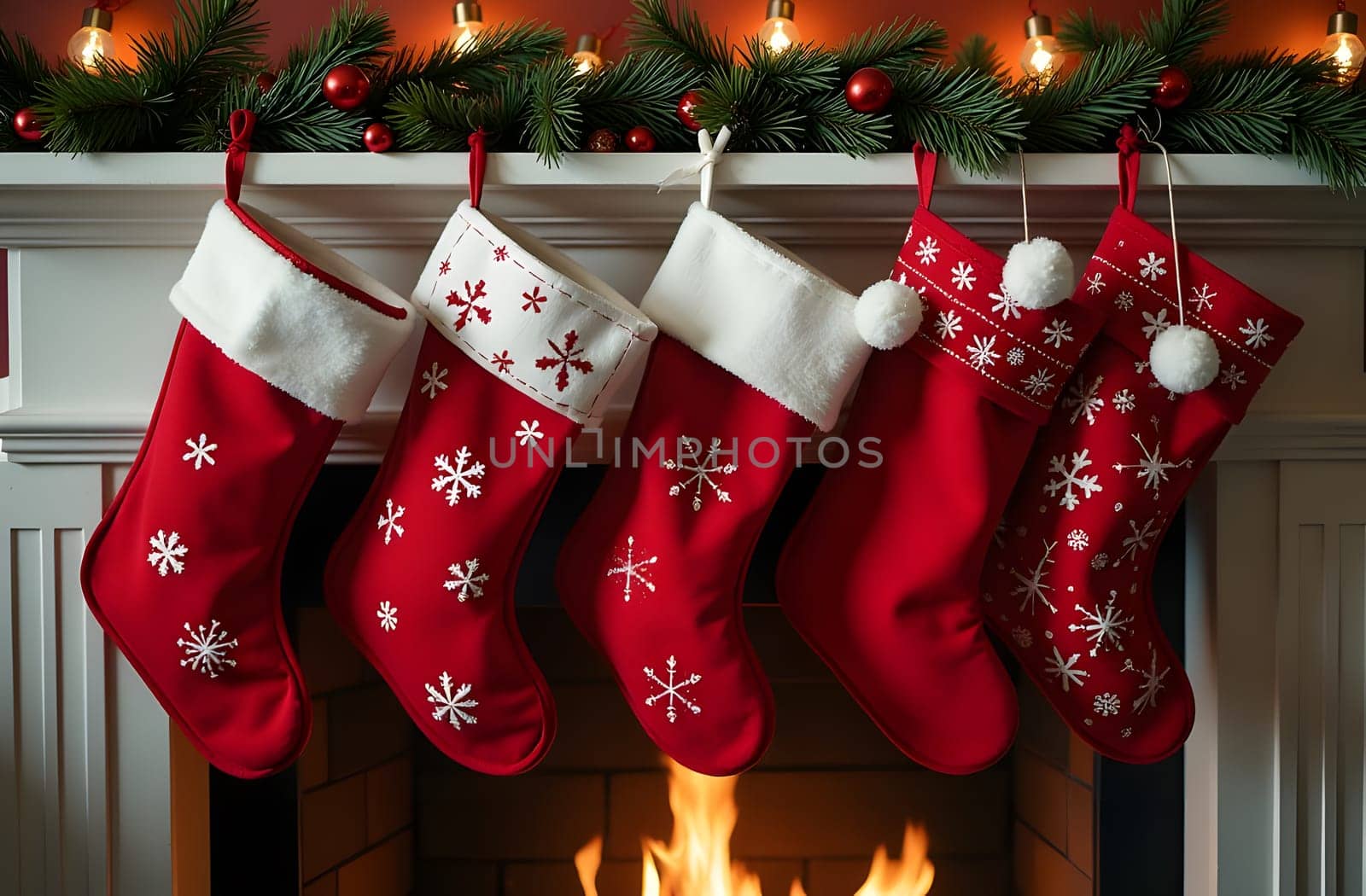 Above the fireplace, five vibrant red Christmas stockings hang gracefully, each embellished with white pom-poms and intricate snowflake designs. The scene evokes a warm and inviting holiday atmosphere