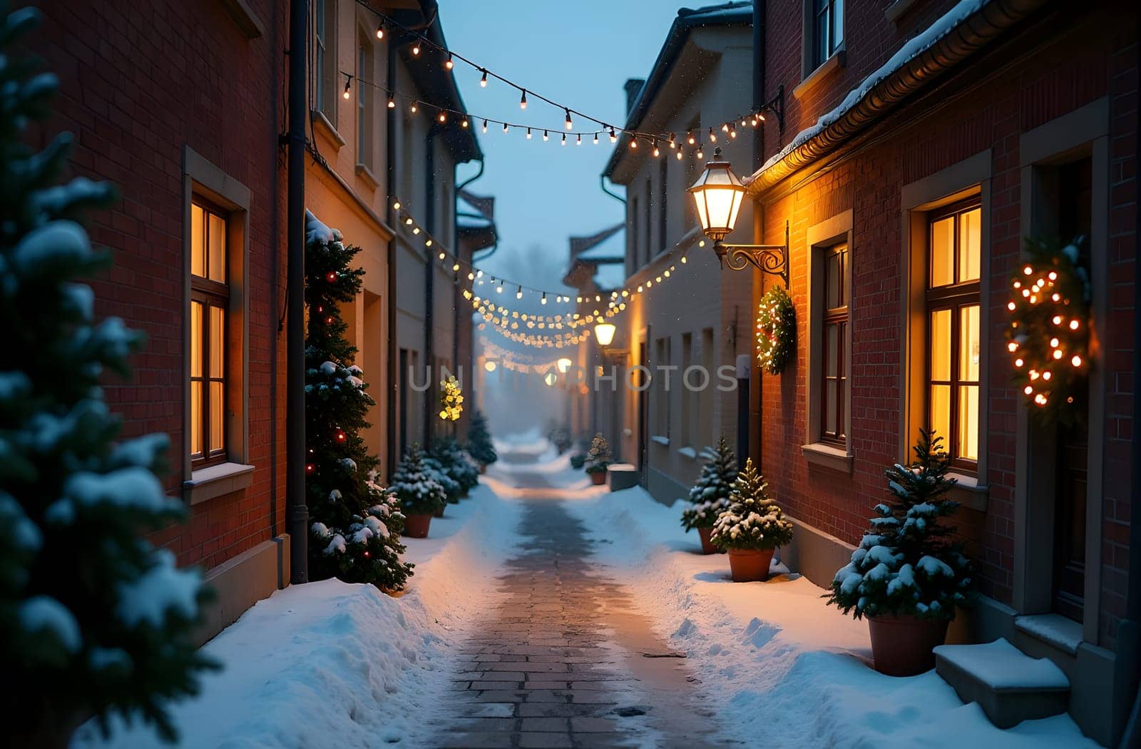 An old towns narrow street, lined with houses adorned with wreaths and festive garlands, is lit up as a snowstorm sweeps through, creating a dramatic and cozy winter scene