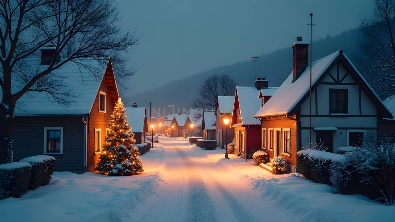A small village glows with Christmas lights, its streets blanketed in snow. Smoke rises from chimneys, and a beautifully decorated Christmas tree stands in the center of the main square, creating a magical holiday scene