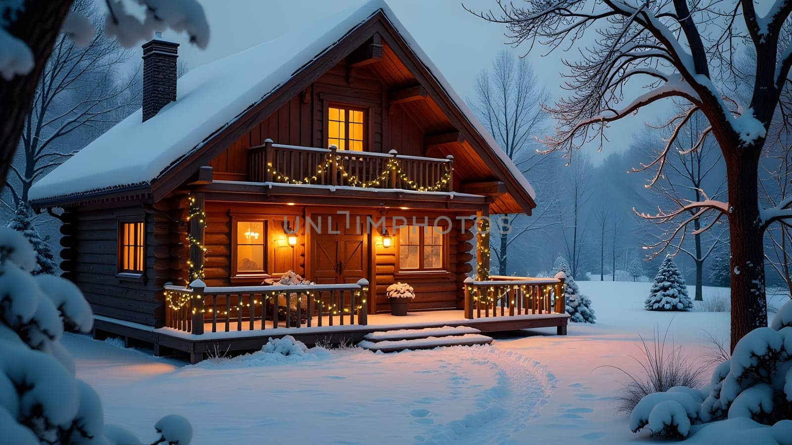 A cozy fireplace decorated with stockings, garlands, and soft glowing lights, perfect for a warm holiday evening