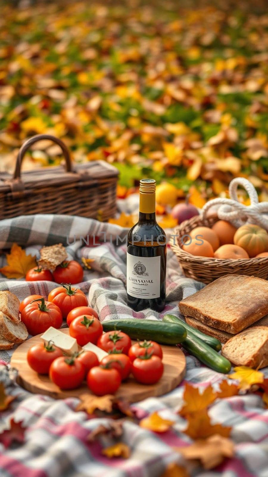 Cozy autumn picnic in the park with delicious food on a checkered blanket. Surrounded by colorful leaves and bathed in golden sunlight. Creating a warm and idyllic setting for enjoying wine. Bread