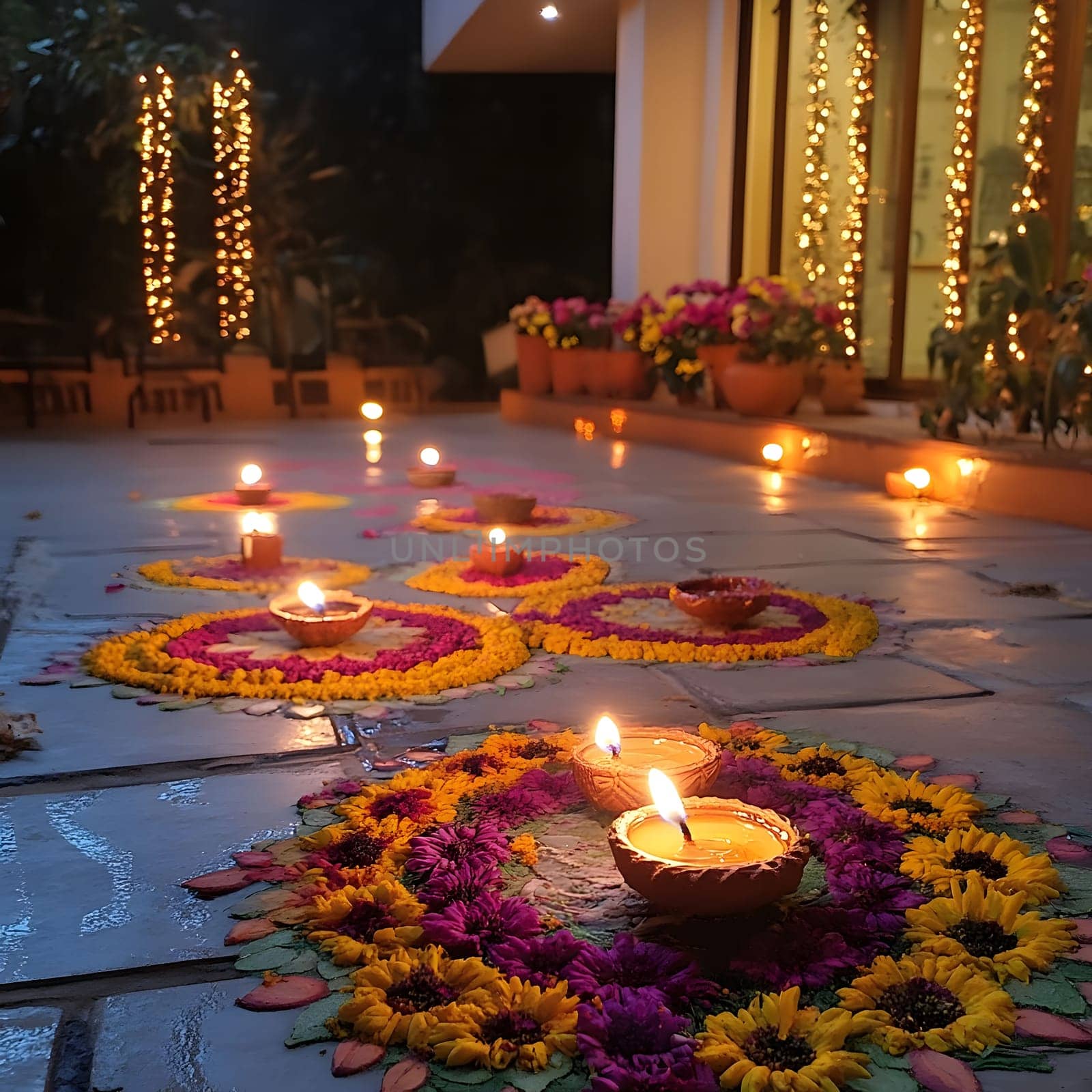Close-up shot of a Diwali celebration with floral arrangements and candles illuminating the scene.