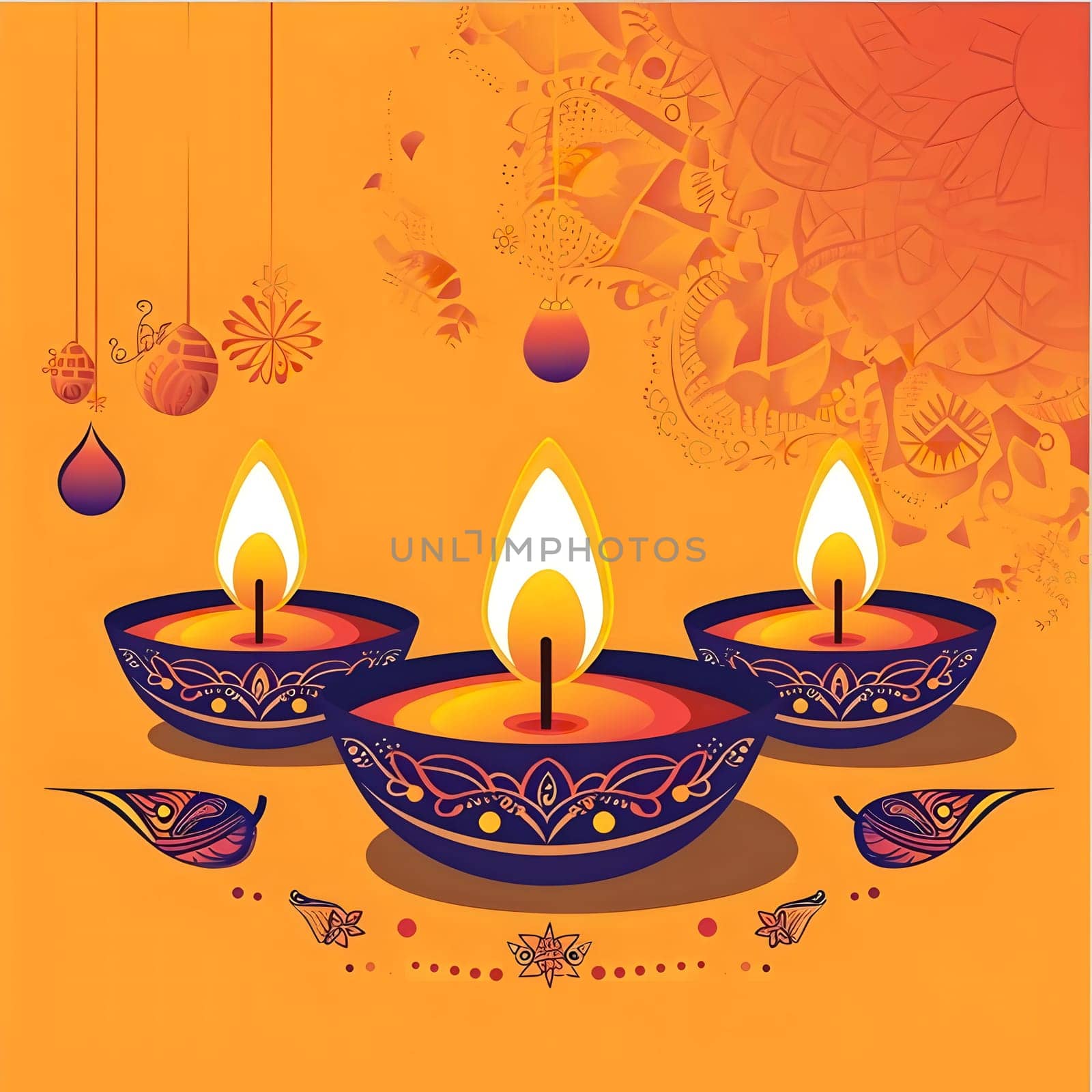 Three illuminated diyas with intricate designs symbolize Diwali celebration, the festival of lights.