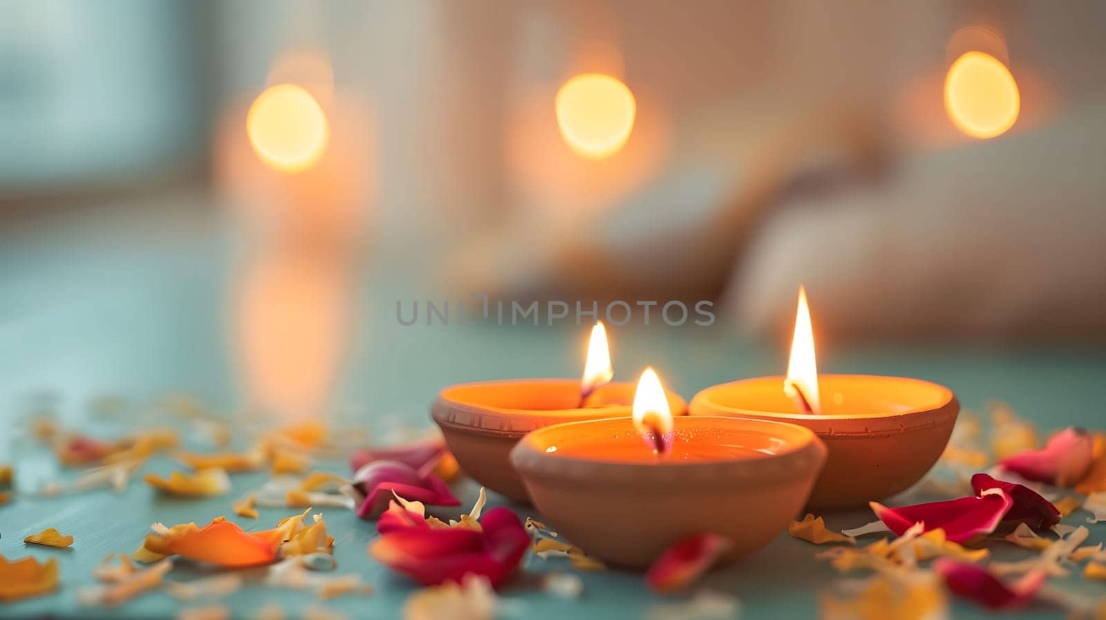 Three burning candles on a blue table decorated with flower petals. The candlelight casts a warm glow and creates a serene atmosphere.